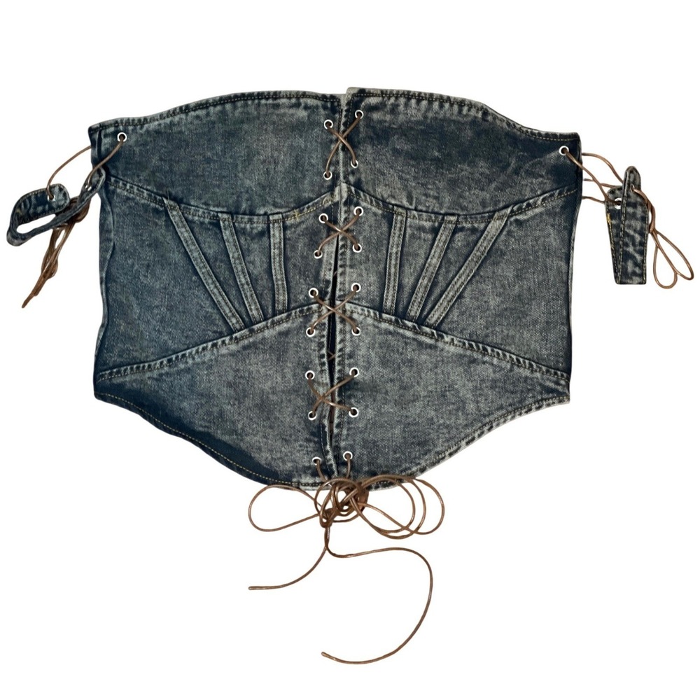 New PrettyLittleThing SHAPE Brown Denim Lace Up Front‎ Corset Top US 12